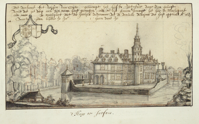 135421 Gezicht op het omgrachte kasteel Plettenburg bij Jutphaas, uit het oosten, met linksboven twee wapenschilden. ...